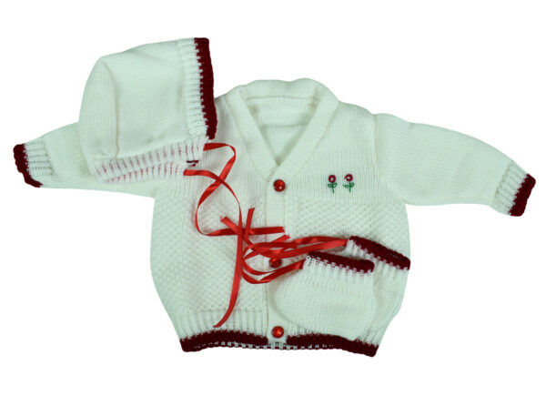 New Born Knitted Sweater With Cap & Booties - White/Mehroon-0