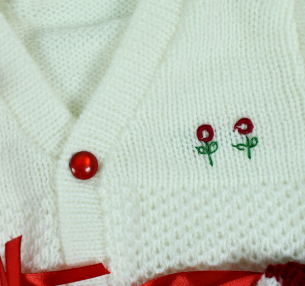 New Born Knitted Sweater With Cap & Booties - White/Mehroon-16657