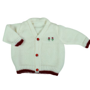 New Born Knitted Sweater With Cap & Booties - White/Mehroon-16659