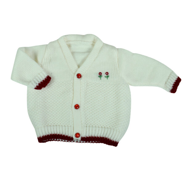 New Born Knitted Sweater With Cap & Booties - White/Mehroon-16659