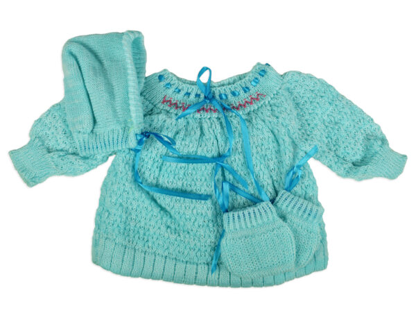 Frock Style Knitted Sweater With Cap & Booties - Sky Blue-0