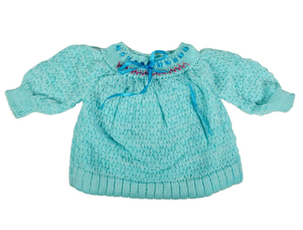 Frock Style Knitted Sweater With Cap & Booties - Sky Blue-16726