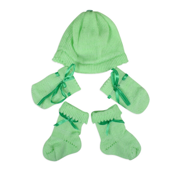 New Born Knitted Sweater With Cap, Mittens & Booties - Green-16730