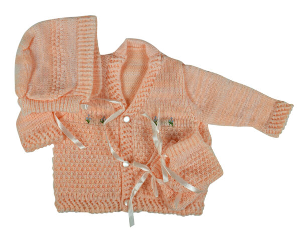 New Born Knitted Sweater With Cap & Booties - Peach-0