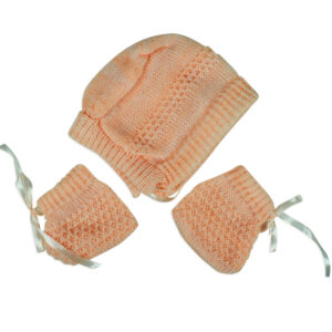 New Born Knitted Sweater With Cap & Booties - Peach-16684