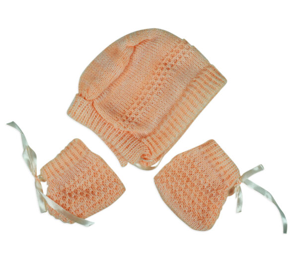 New Born Knitted Sweater With Cap & Booties - Peach-16684