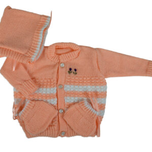 New Born Knitted Sweater With Cap & Booties - Orange/White-0