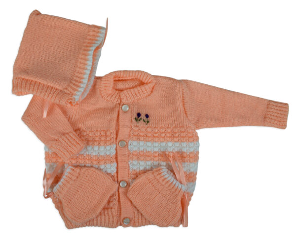 New Born Knitted Sweater With Cap & Booties - Orange/White-0