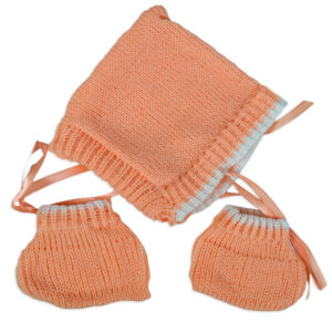 New Born Knitted Sweater With Cap & Booties - Orange/White-16676