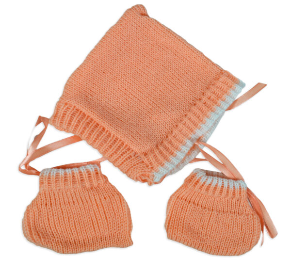 New Born Knitted Sweater With Cap & Booties - Orange/White-16676