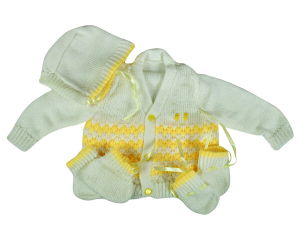 New Born Knitted Sweater With Cap, Mittens & Booties - White/Yellow-0