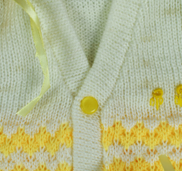 New Born Knitted Sweater With Cap, Mittens & Booties - White/Yellow-16741