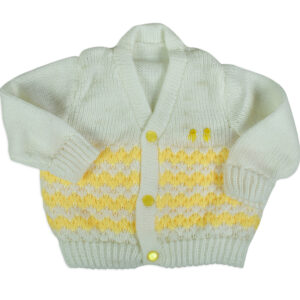 New Born Knitted Sweater With Cap, Mittens & Booties - White/Yellow-16739