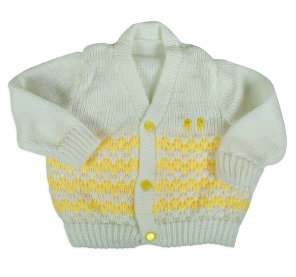 New Born Knitted Sweater With Cap, Mittens & Booties - White/Yellow-16739