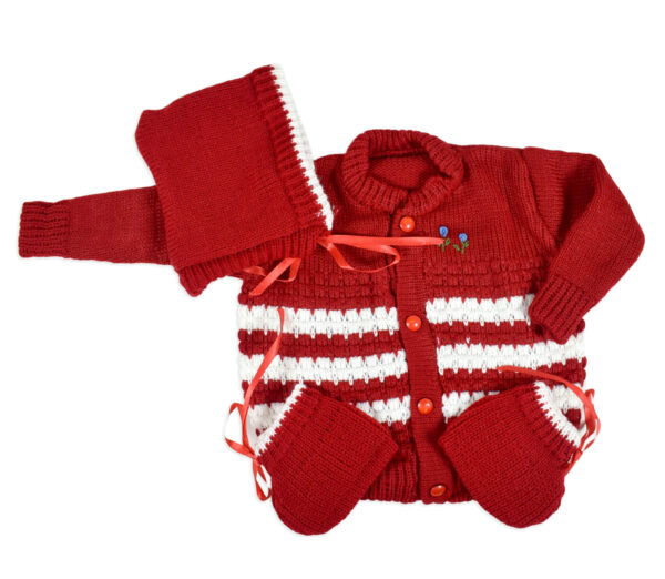 New Born Knitted Sweater With Cap & Booties - Red/White-0