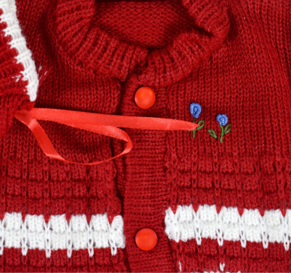 New Born Knitted Sweater With Cap & Booties - Red/White-16690