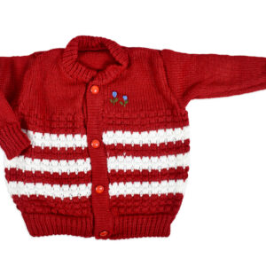 New Born Knitted Sweater With Cap & Booties - Red/White-16692