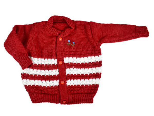 New Born Knitted Sweater With Cap & Booties - Red/White-16692