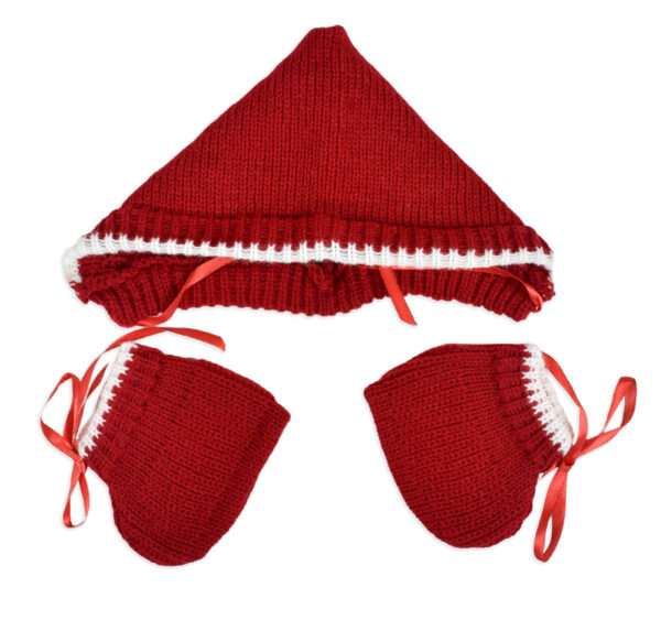 New Born Knitted Sweater With Cap & Booties - Red/White-16694