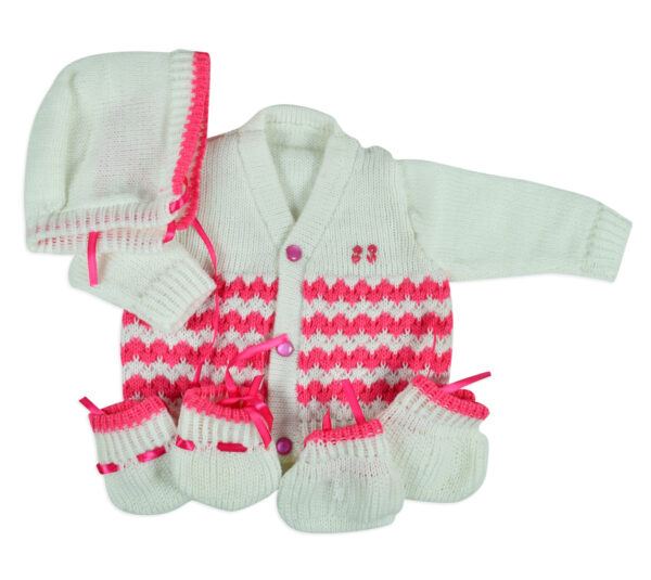 New Born Knitted Sweater With Cap, Mittens & Booties - White/Pink-0