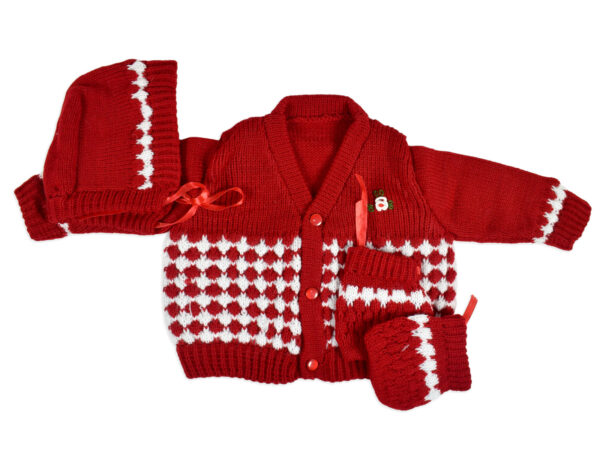 New Born Knitted Sweater With Cap & Booties - Red-0