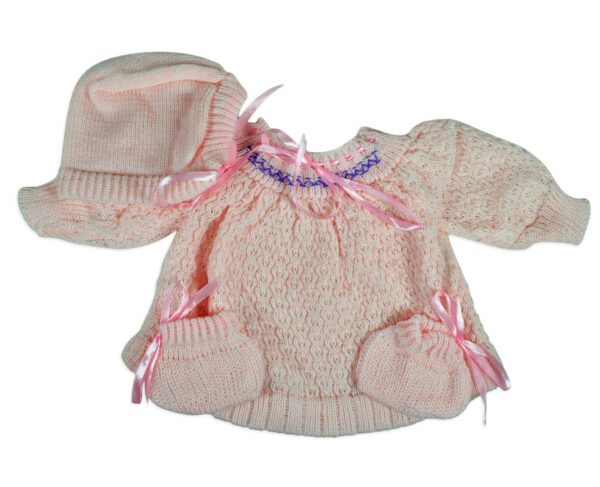 Frock Style Knitted Sweater With Cap & Booties - Pink-0