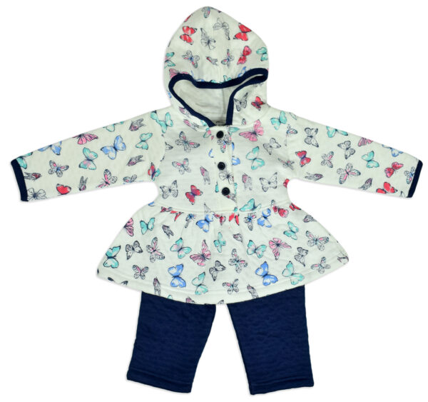 Frock Style Hooded Top & Bottom Winter Set - White/Blue-0