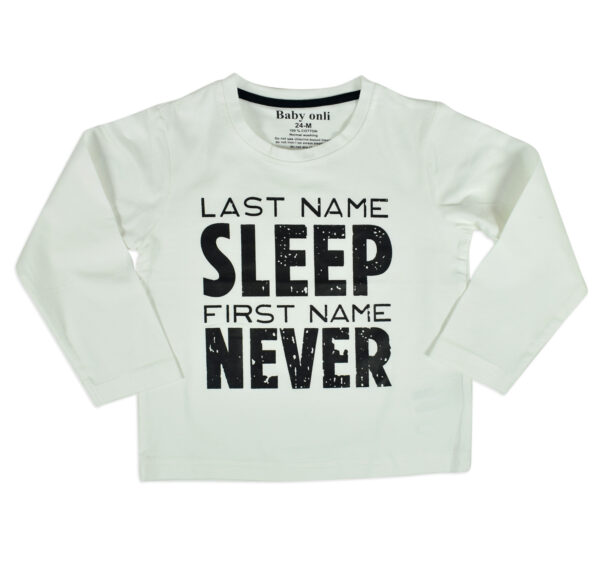 Baby Onli Funny Slogan Cotton T-shirt (6-24 M) "Last Name Sleep, First Name Never" (White)-0