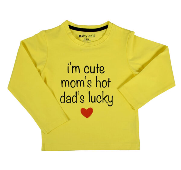 Baby Onli Funny Slogan T-shirt (6-24 M) "Im cute moms hot dads lucky" (Yellow)-0