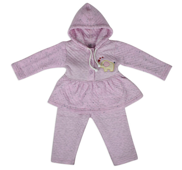 Little Darling Frock Style Hooded Top & Bottom Winter Set - Pink-0