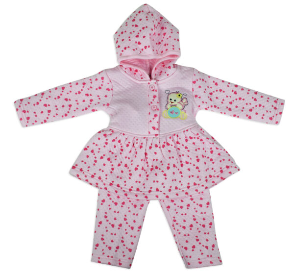 Little Darling Frock Style Hooded Top & Bottom Winter Set (Heart Print) - Pink-0