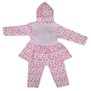 Little Darling Frock Style Hooded Top & Bottom Winter Set (Heart Print) - Pink-17852