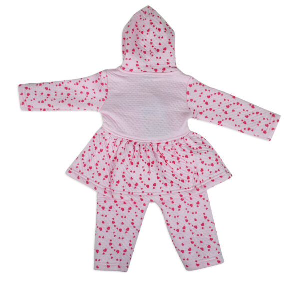 Little Darling Frock Style Hooded Top & Bottom Winter Set (Heart Print) - Pink-17852