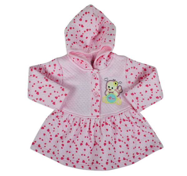 Little Darling Frock Style Hooded Top & Bottom Winter Set (Heart Print) - Pink-17853