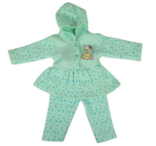 Little Darling Frock Style Hooded Top & Bottom Winter Set (Heart Print) - Aqua-0