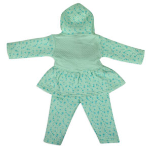 Little Darling Frock Style Hooded Top & Bottom Winter Set (Heart Print) - Aqua-17859