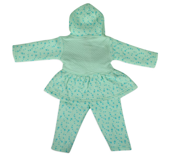 Little Darling Frock Style Hooded Top & Bottom Winter Set (Heart Print) - Aqua-17859