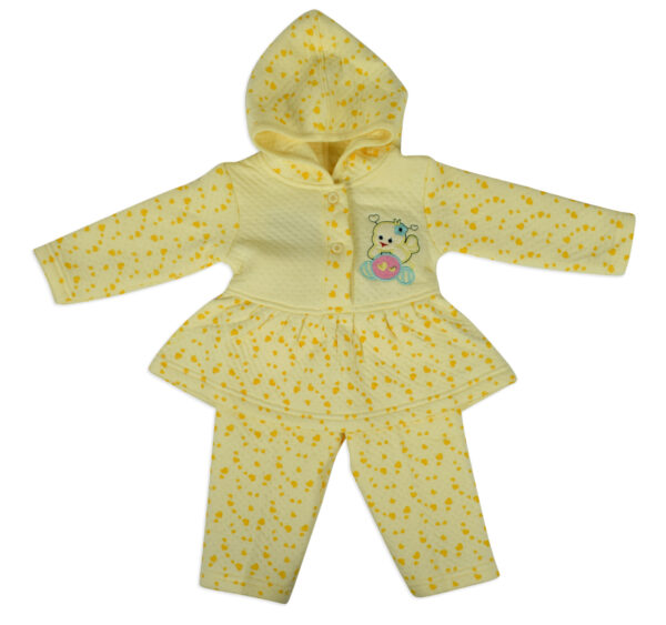 Little Darling Frock Style Hooded Top & Bottom Winter Set (Heart Print) - Yellow-0