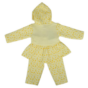 Little Darling Frock Style Hooded Top & Bottom Winter Set (Heart Print) - Yellow-17870