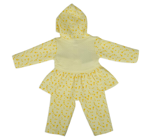 Little Darling Frock Style Hooded Top & Bottom Winter Set (Heart Print) - Yellow-17870