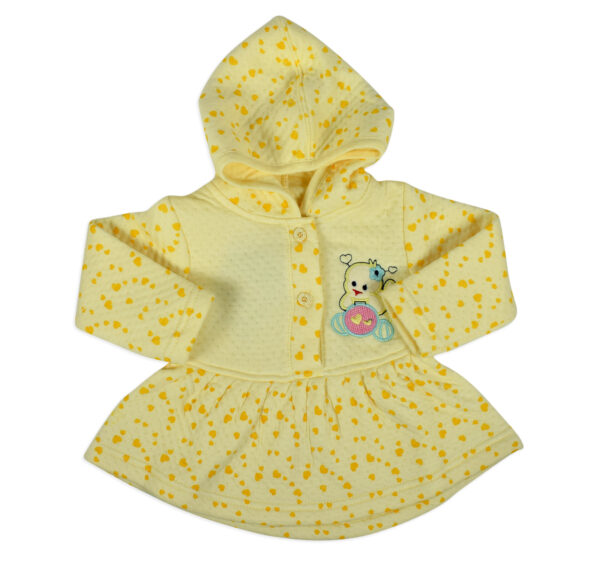 Little Darling Frock Style Hooded Top & Bottom Winter Set (Heart Print) - Yellow-17868