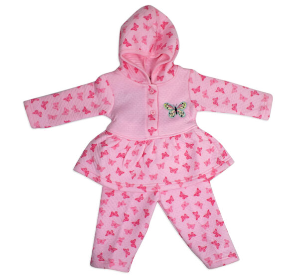 Frock Style Hooded Top & Bottom Winter Set (Butterfly Print) - Pink-0