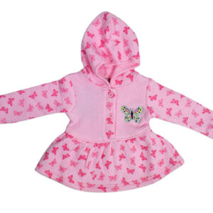 Frock Style Hooded Top & Bottom Winter Set (Butterfly Print) - Pink-18010