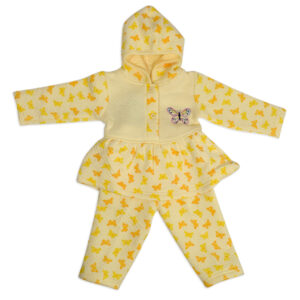 Frock Style Hooded Top & Bottom Winter Set (Butterfly Print) - Yellow-0