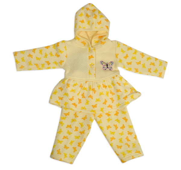 Frock Style Hooded Top & Bottom Winter Set (Butterfly Print) - Yellow-0