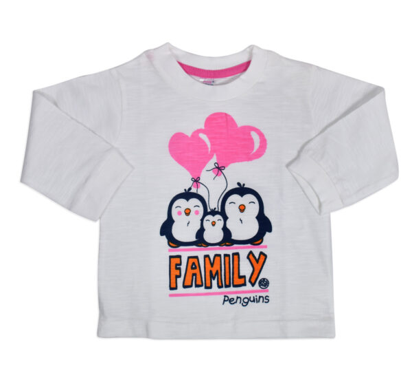 Pink Rabbit Full Sleeve Cotton T-shirt (Family Penguins) - White-0