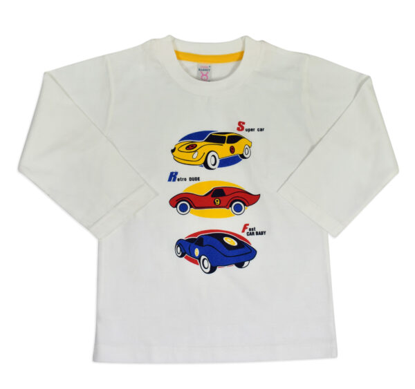 Pink Rabbit Full Sleeve Cotton T-shirt (Car Print) - White-0