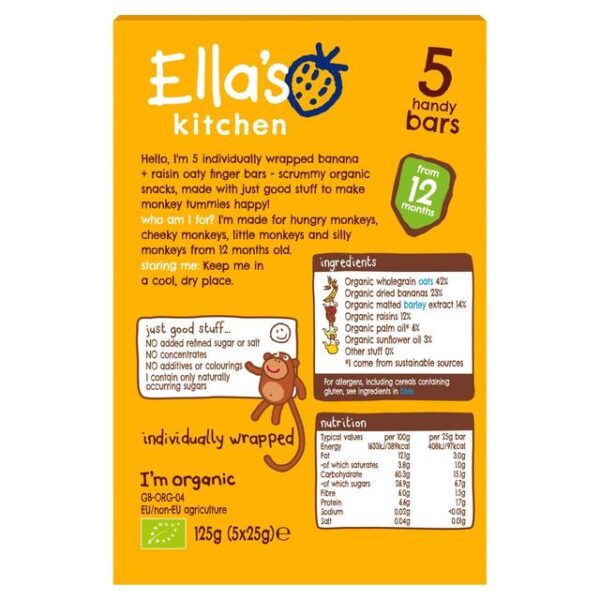 Ella's Kitchen Organic Bananas & Raisins Oaty Fingers, 5 Bars - 25g-20888