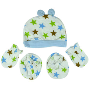 Baby Cotton Caps, Mittens & Booties (0-6M) - Sky Blue-0