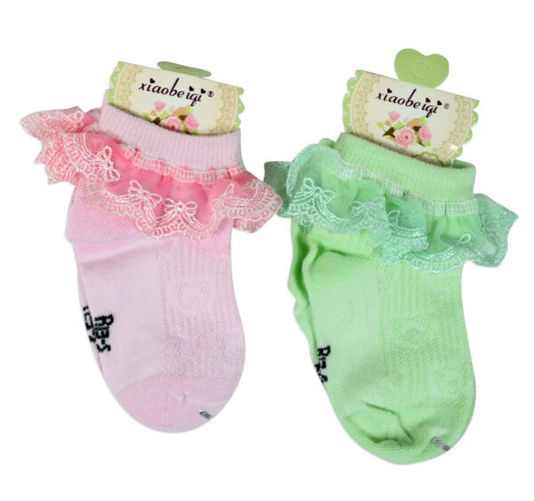 Ankle Length Fancy Freel Socks, Pack of 2 - Green/Pink-0